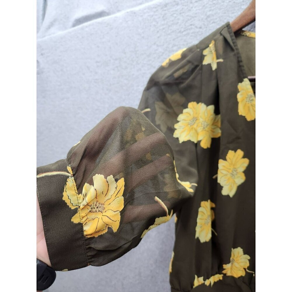 Madewell Womens XS Olive Green Floral Wrap Blouse With Tie Waist & Sheer Sleeves - Picture 2 of 4